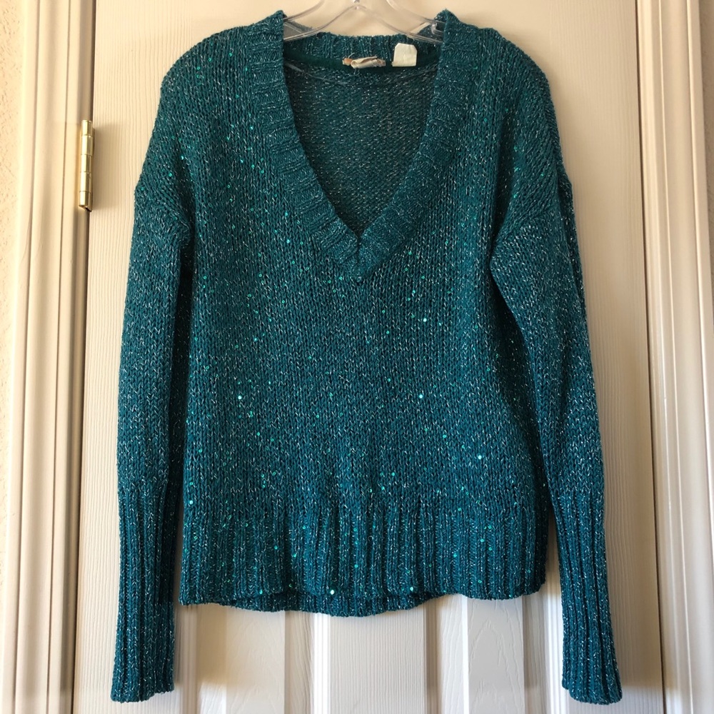 Teal sweater with sequins & silver thread